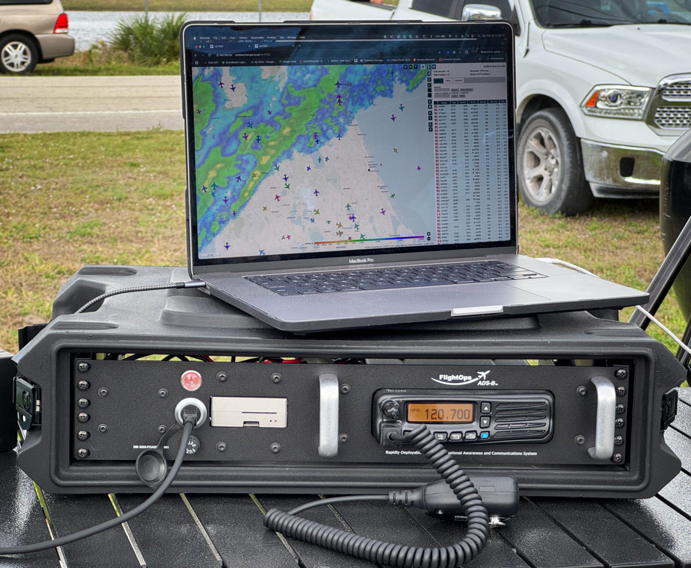 The FlightOps ADS-B system deployed during field testing, showcasing its tactical air traffic situational awareness capabilities. The unit i